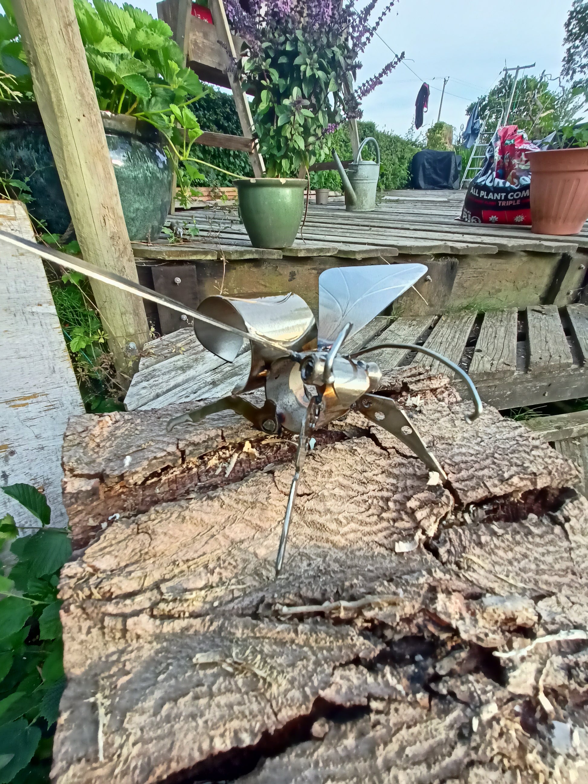 A lacquered stainless steel bee artwork placed outdoors clinging to some wood.