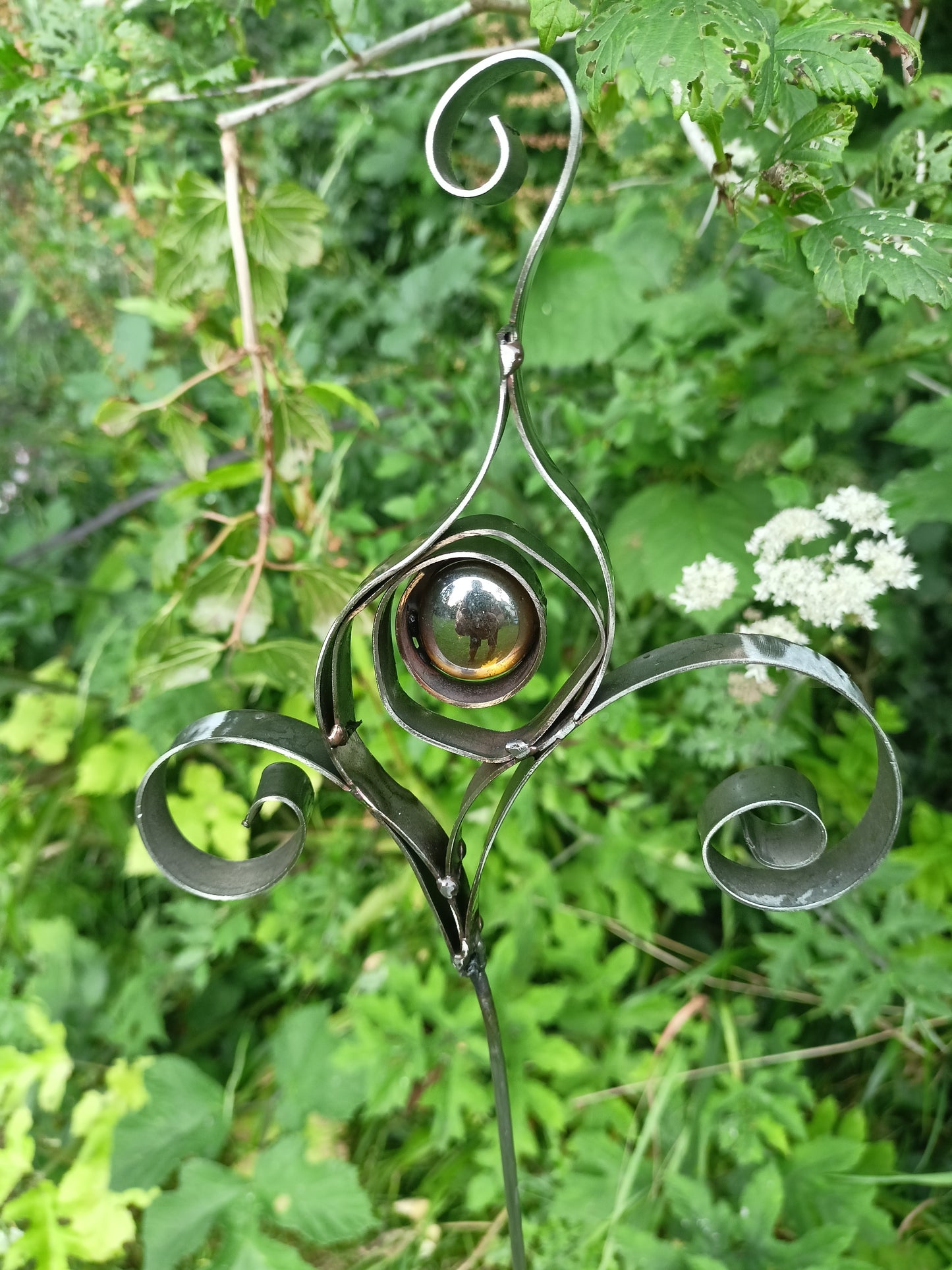 Abstract Garden Sculpture – Handmade from Reclaimed Metal and Organic Materials