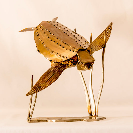 Stainless steel leather back turtle in weeds, heat coloured for a bronze effect