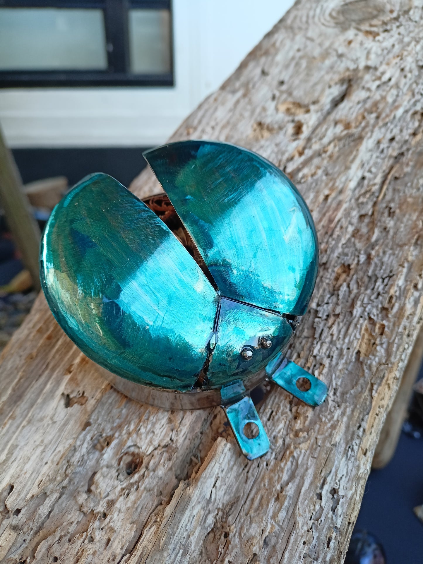 Upcycled metal mini bug in kingfisher blue