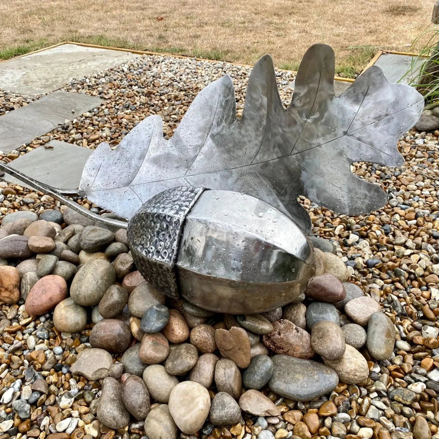 Large stainless steel acorn and leaf